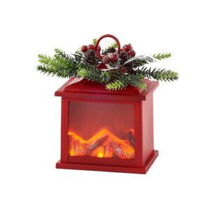 Red Fire Light Lantern With Berry Wreath Battery Operated